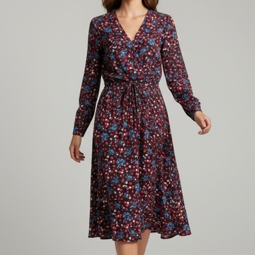 Selected Femme Floral Long Sleeve Split Neckline Dress with Tie Waist in Size 34